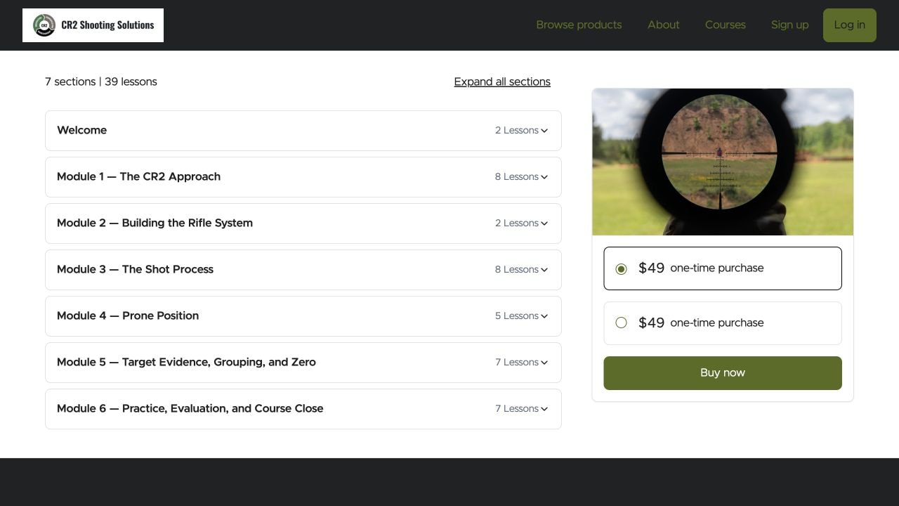 Course page on CR2Training.com listing seven sections and 39 lessons, from Welcome through Module 6 — Practice, Evaluation, and Course Close