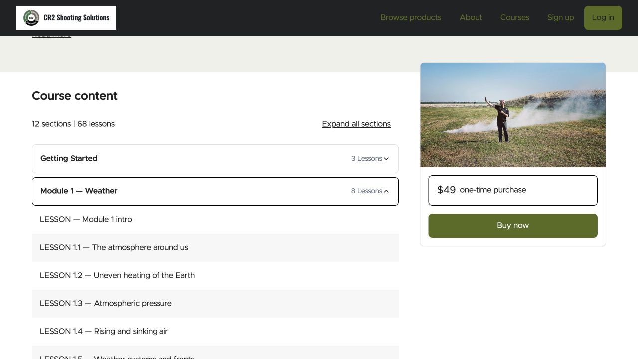 Course content page on CR2Training.com listing 12 sections and 68 lessons, with the Module 1 — Weather lesson sequence expanded
