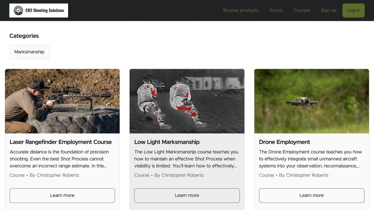 Course catalog page on CR2Training.com showing the Marksmanship category with courses including Laser Rangefinder Employment, Low Light Marksmanship, and Drone Employment
